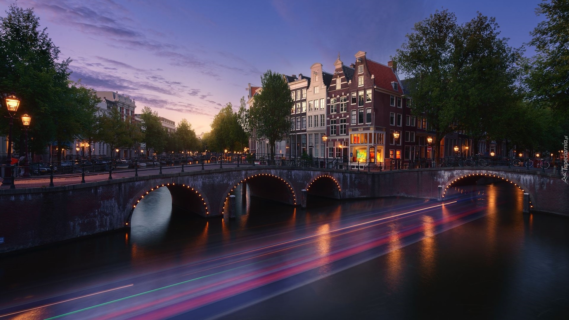 Holandia, Amsterdam, Kanał, Most, Drzewa, Domy, Światła