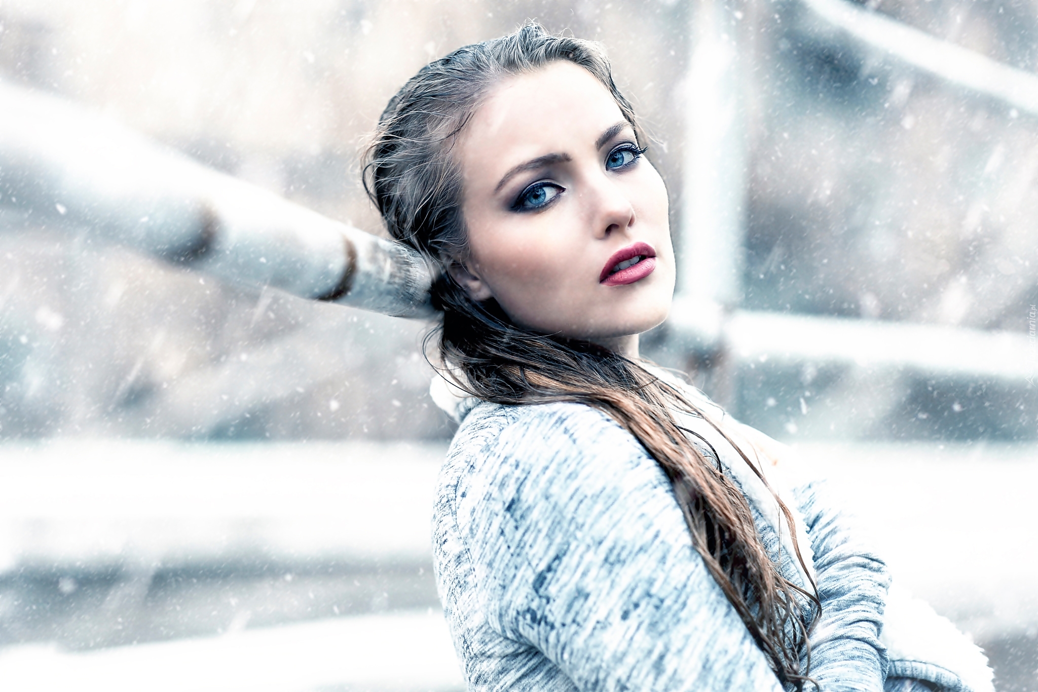 Kobieta, Makijaż, Padający, Śnieg