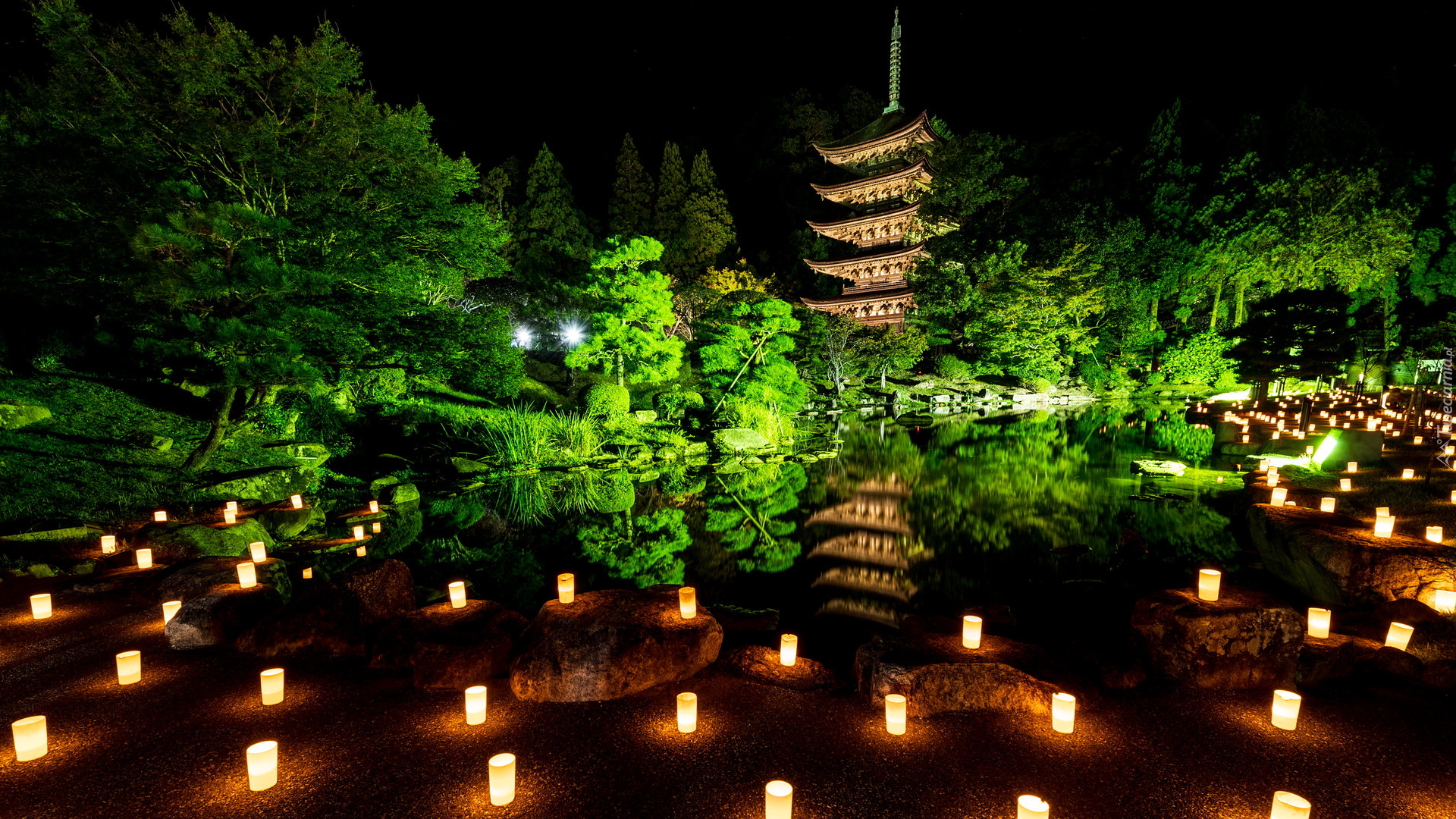 Park Kozan, Drzewa, Staw, Lampiony, Pagoda, Świątynia Rurikoji, Yamaguchi, Japonia