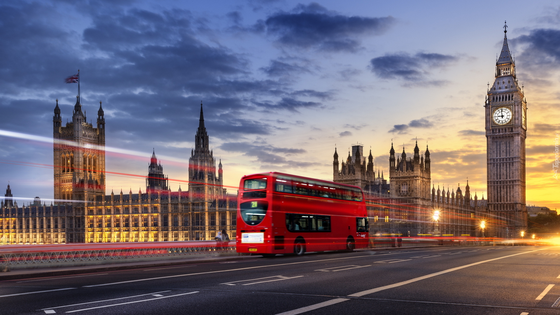 Wielka Brytania, Londyn, Pałac Westminsterski, Big Ben, Czerwony, Piętrowy, Autobus, Droga