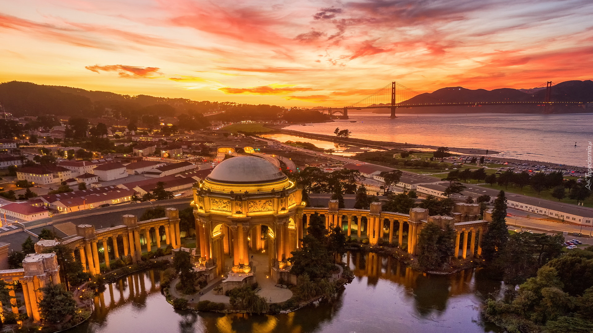 Zabytek, Pałac Sztuk Pięknych, Palace of Fine Arts, Most, Golden Gate Bridge, Cieśnica Golden Gate, San Francisco, Kalifornia, Stany Zjednoczone