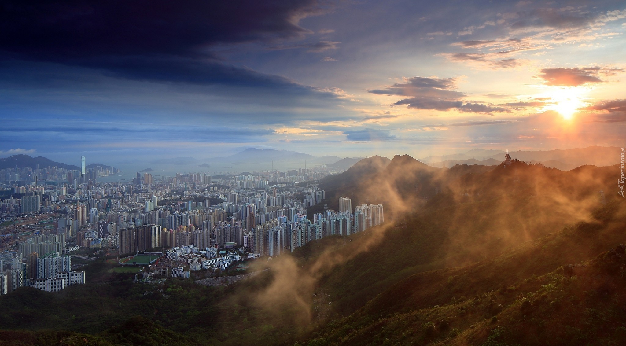 Chiny, Hong Kong, Panorama, Zachód słońca