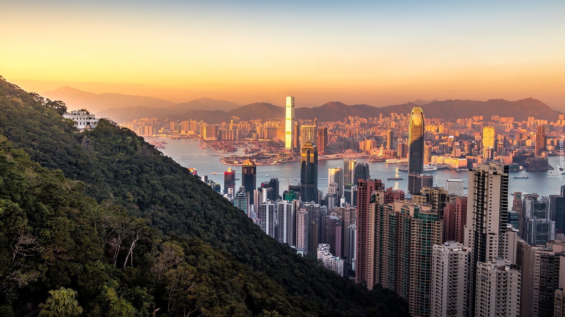 Hongkong, Wieżowce, Delta Rzeki Perłowej, Zachód słońca, Chiny