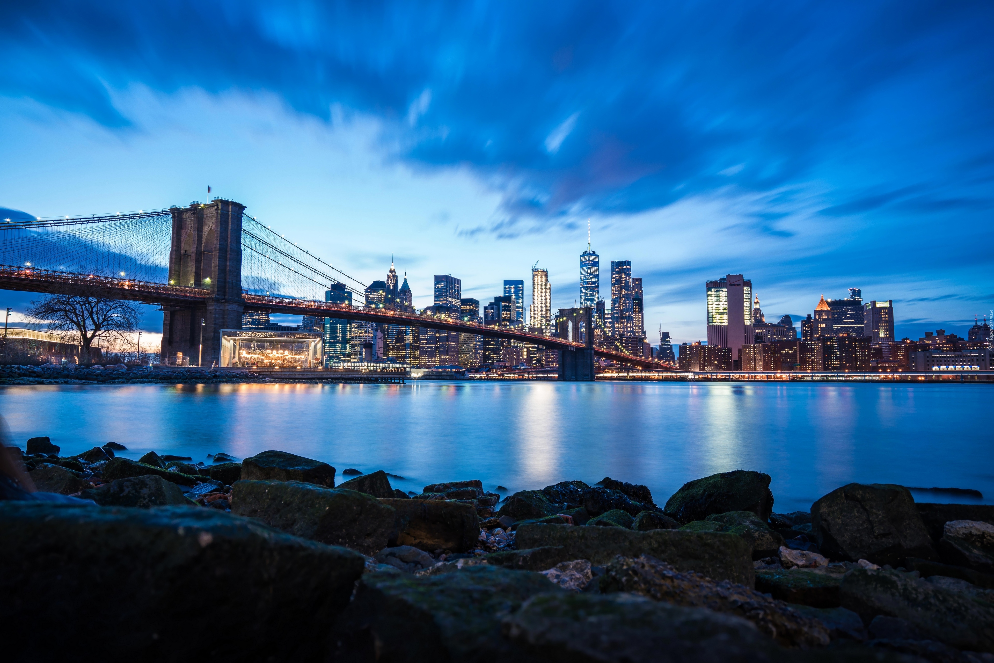 Brooklyn Bridge, Most Brookliński, Rzeka, Cieśnina East River, Nowy Jork, Stany Zjednoczone