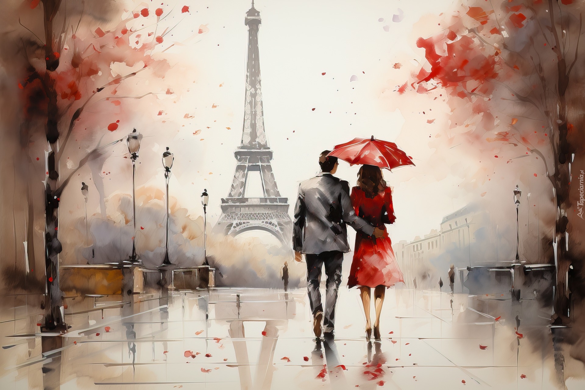 Para, Ludzie, Parasol, Paryż, Wieża Eiffla, Grafika