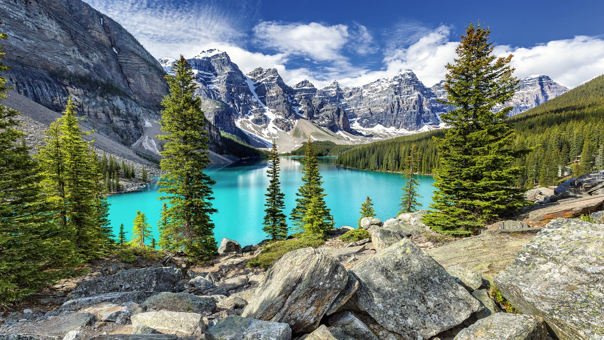 Kanada, Alberta, Park Narodowy Banff, Jezioro Moraine, Las, Drzewa, Kamienie, Chmury, Góry