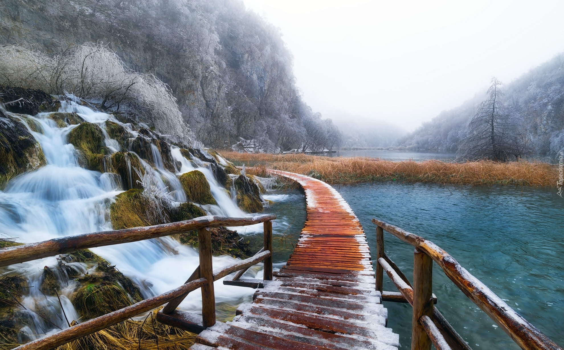 Chorwacja, Plitvice, Jezioro, Wodospad, Kładka, Zima