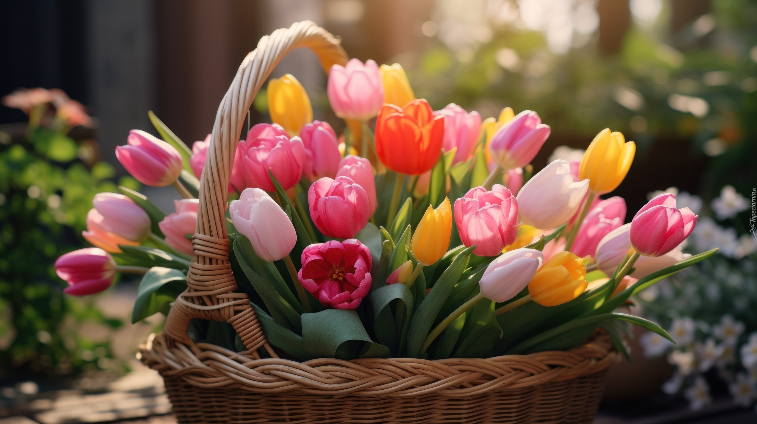 Kwiaty, Kolorowe, Tulipany, Kosz