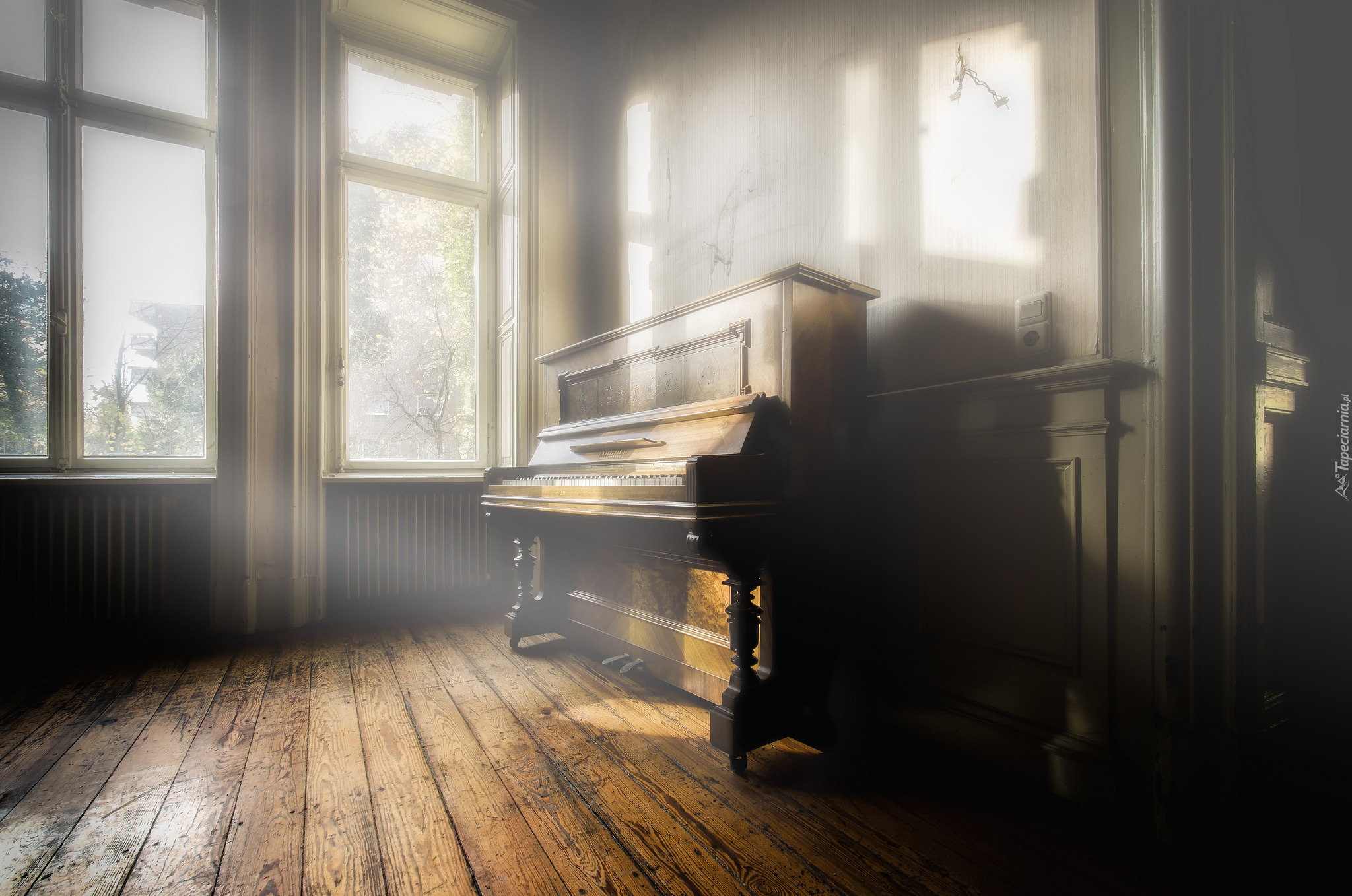 Pianino, Okno, Drewniana, Podłoga, Światło