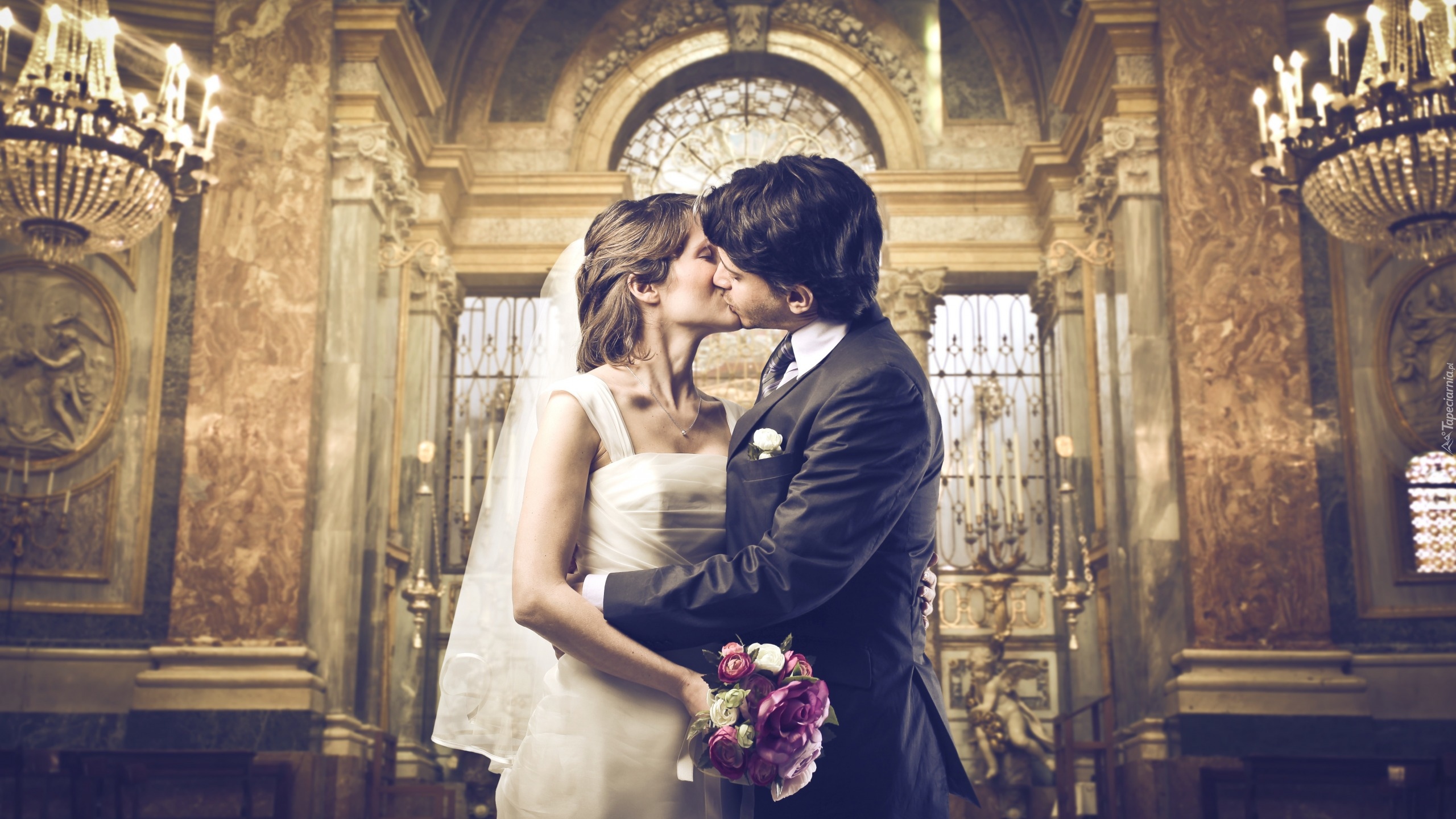 Nowożeńcy, Kobieta, Mężczyzna, Pocałunek, Kościół