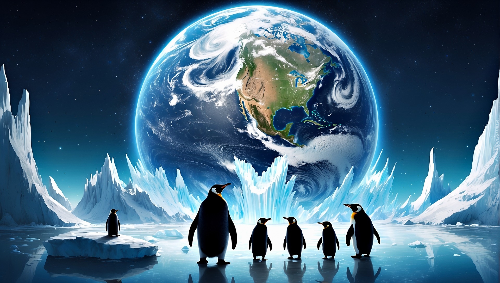 Góry lodowe, Morze, Planeta Ziemia, Pingwiny, 2D
