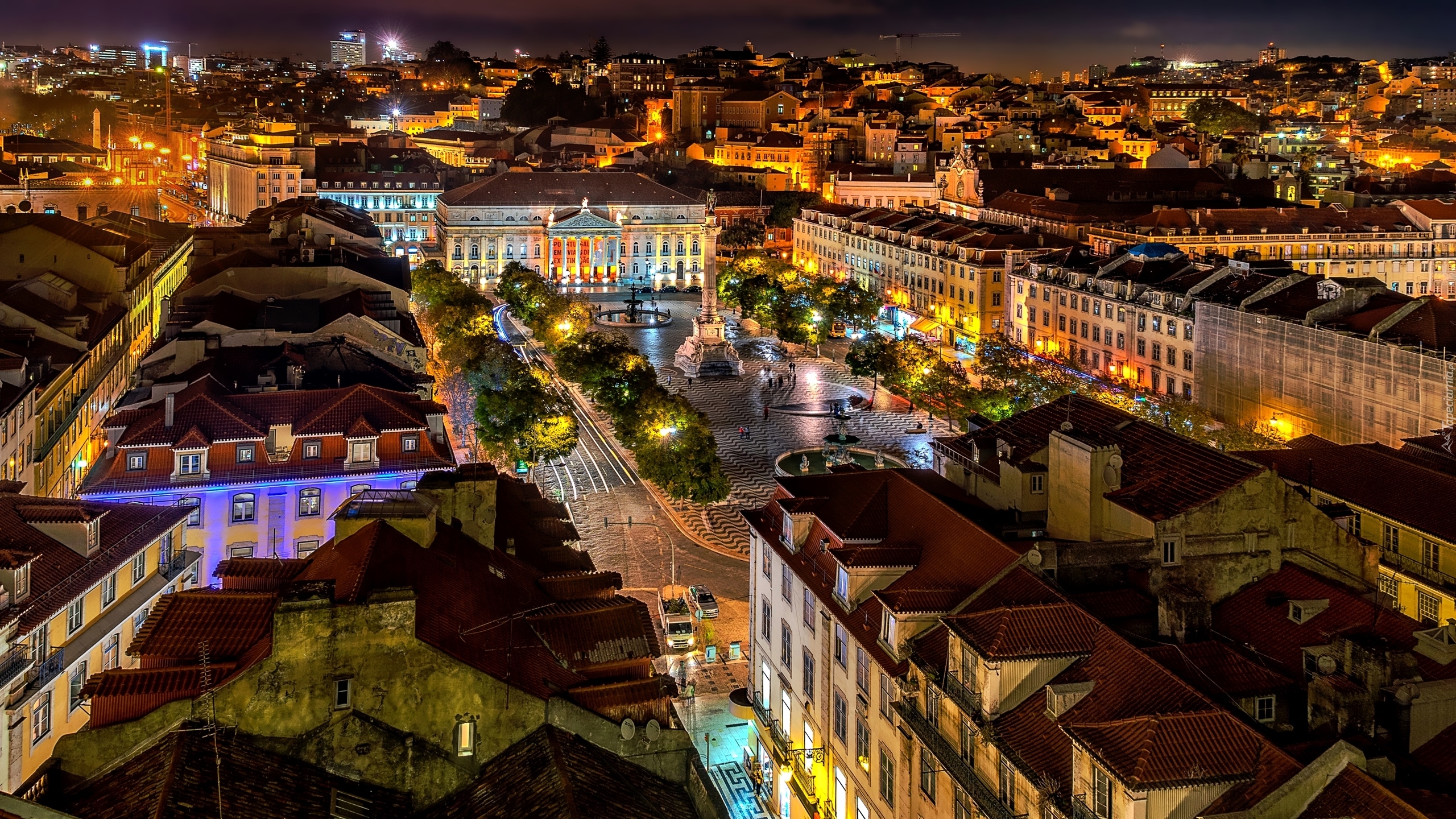Plac Rossio, Lizbona, Portugalia, Noc