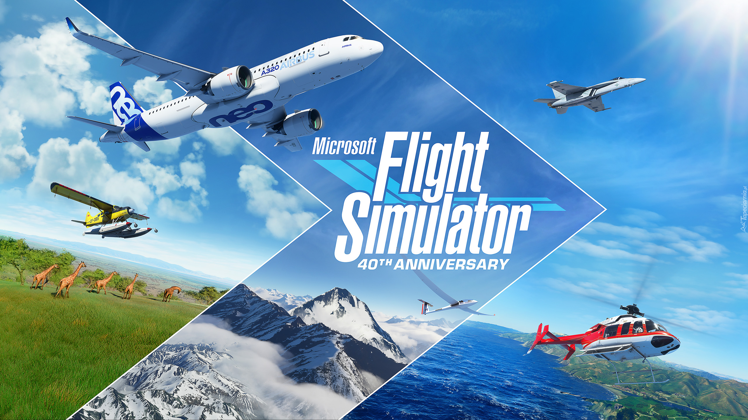 Gra, Microsoft Flight Simulator, Samoloty, Helikopter, Żyrafy, Góry, Morze, Niebo, Chmury, Słońce, Plakat