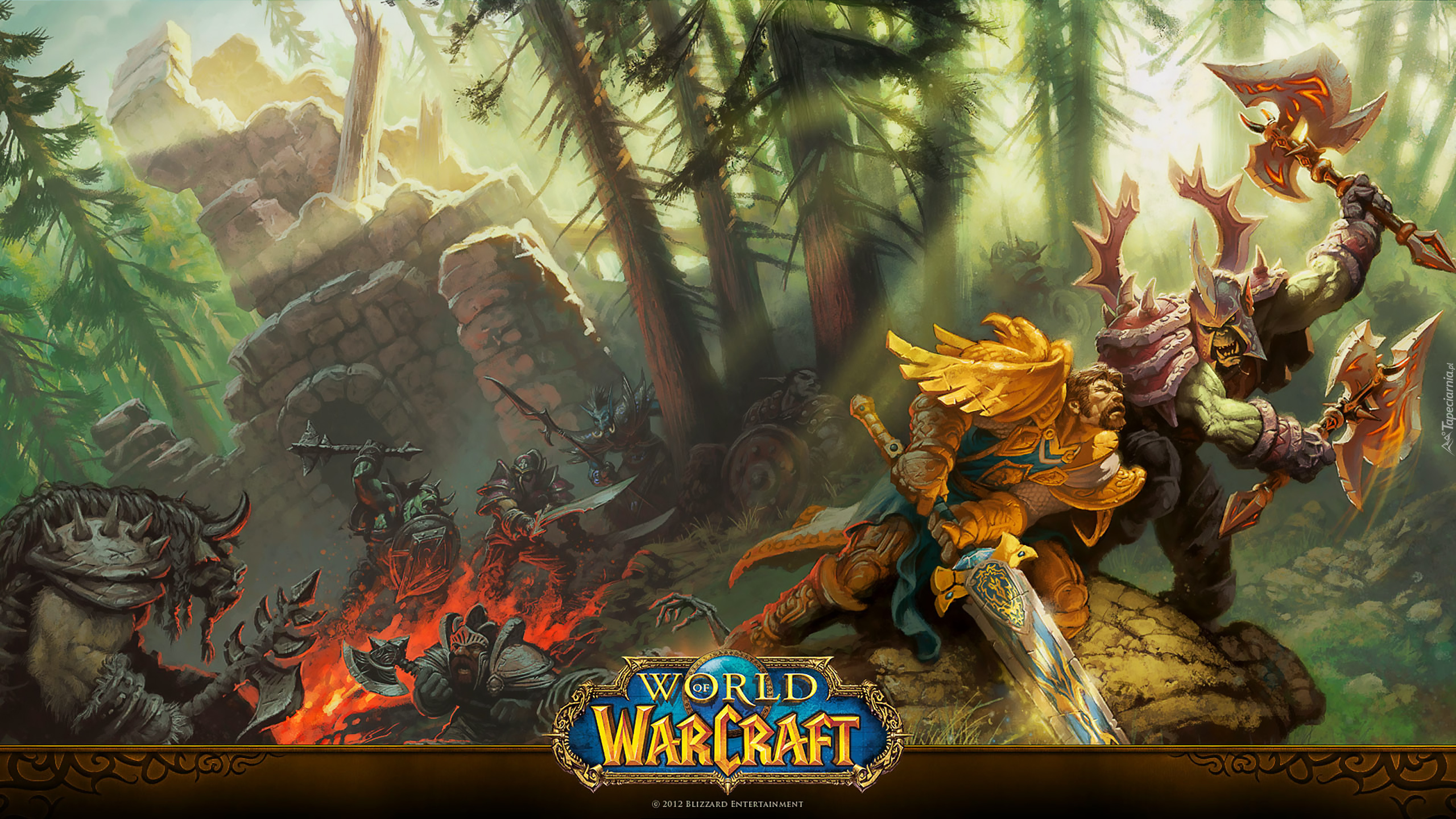 Gra, World of Warcraft, Postacie, Rycerze, Orki, Las, Ruiny, Ogień, Walka, Plakat