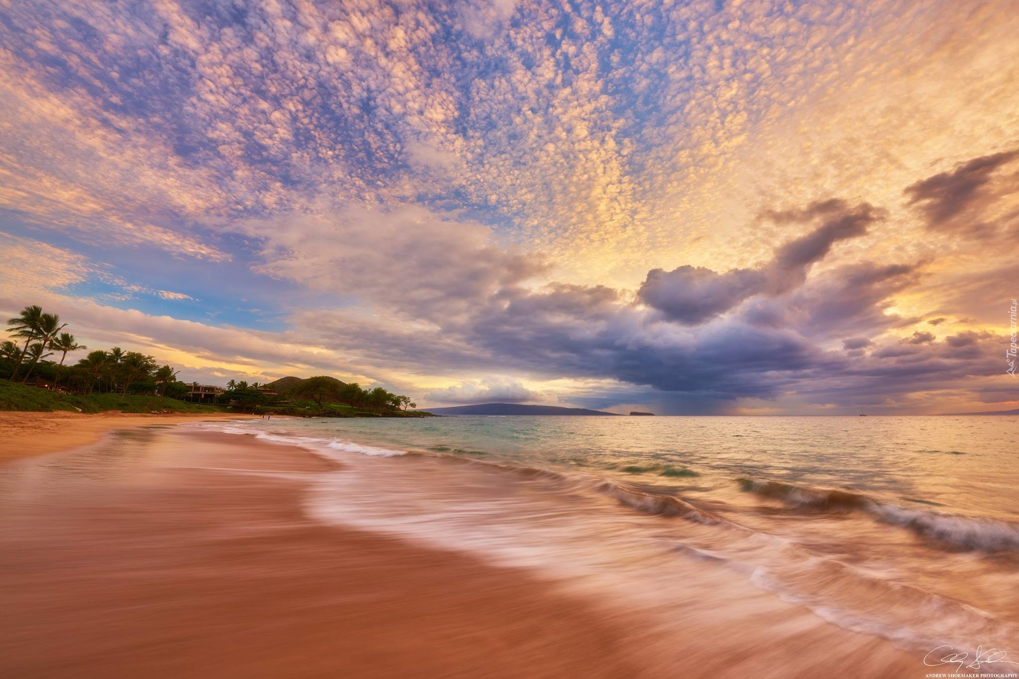 Hawaje, Wyspa Maui, Morze, Chmury, Plaża Makena, Wschód słońca
