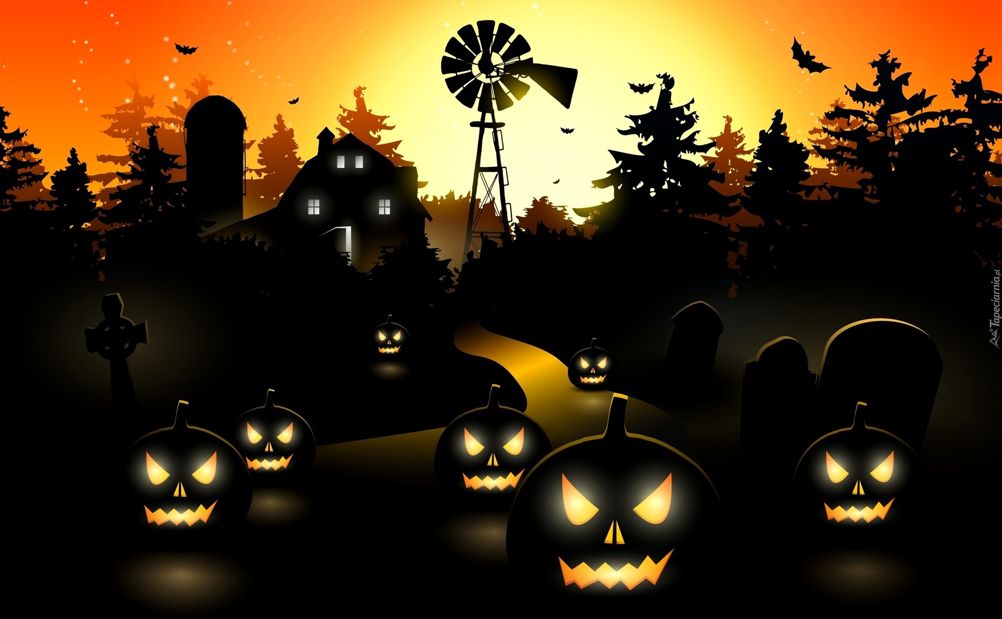 Grafika 2D, Halloween, Podświetlane, Dynie, Dom, Drzewa