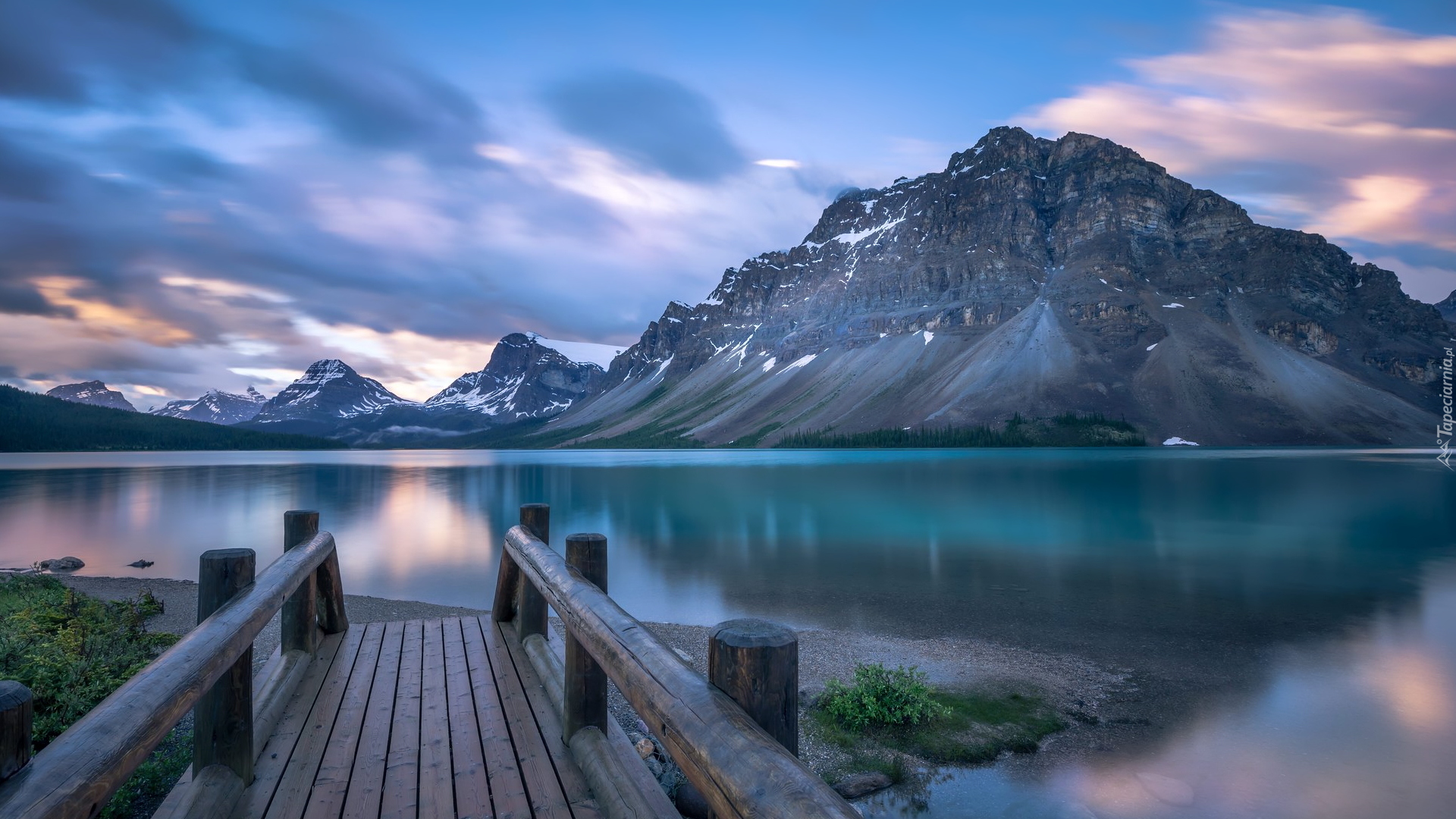 Pomost, Jezioro, Bow Lake, Góry, Canadian Rockies, Park Narodowy Banff, Prowincja Alberta, Kanada
