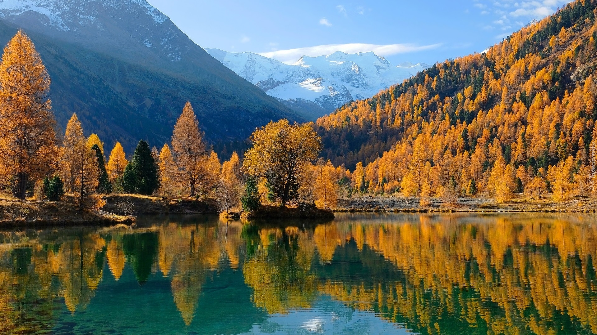 Jesień, Góry, Jezioro, Żółte, Drzewa, Modrzewie, Odbicie