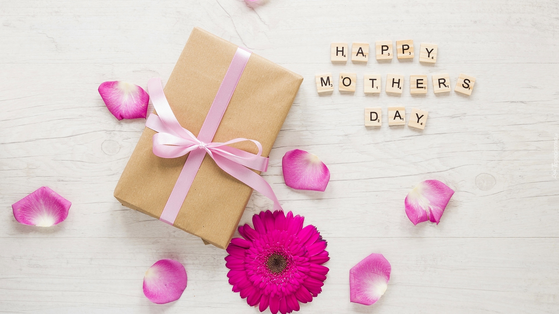 Dzień Matki, Prezent, Płatki, Napis, Happy Mothers Day, Scrabble