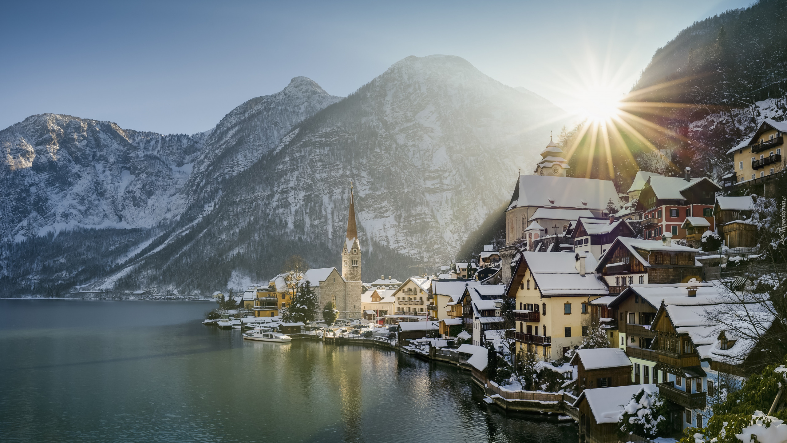 Zima, Promienie słońca, Góry, Jezioro, Hallstatt, Austria