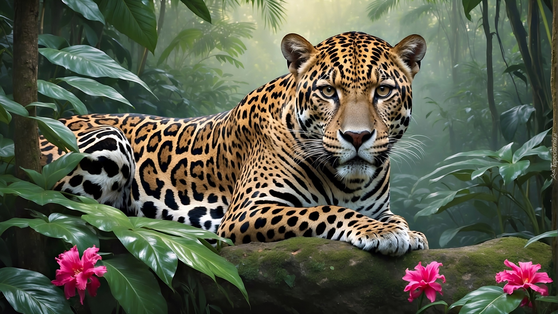 Leżący, Jaguar, Kłoda, Różowe, Kwiaty, Liście, 2D