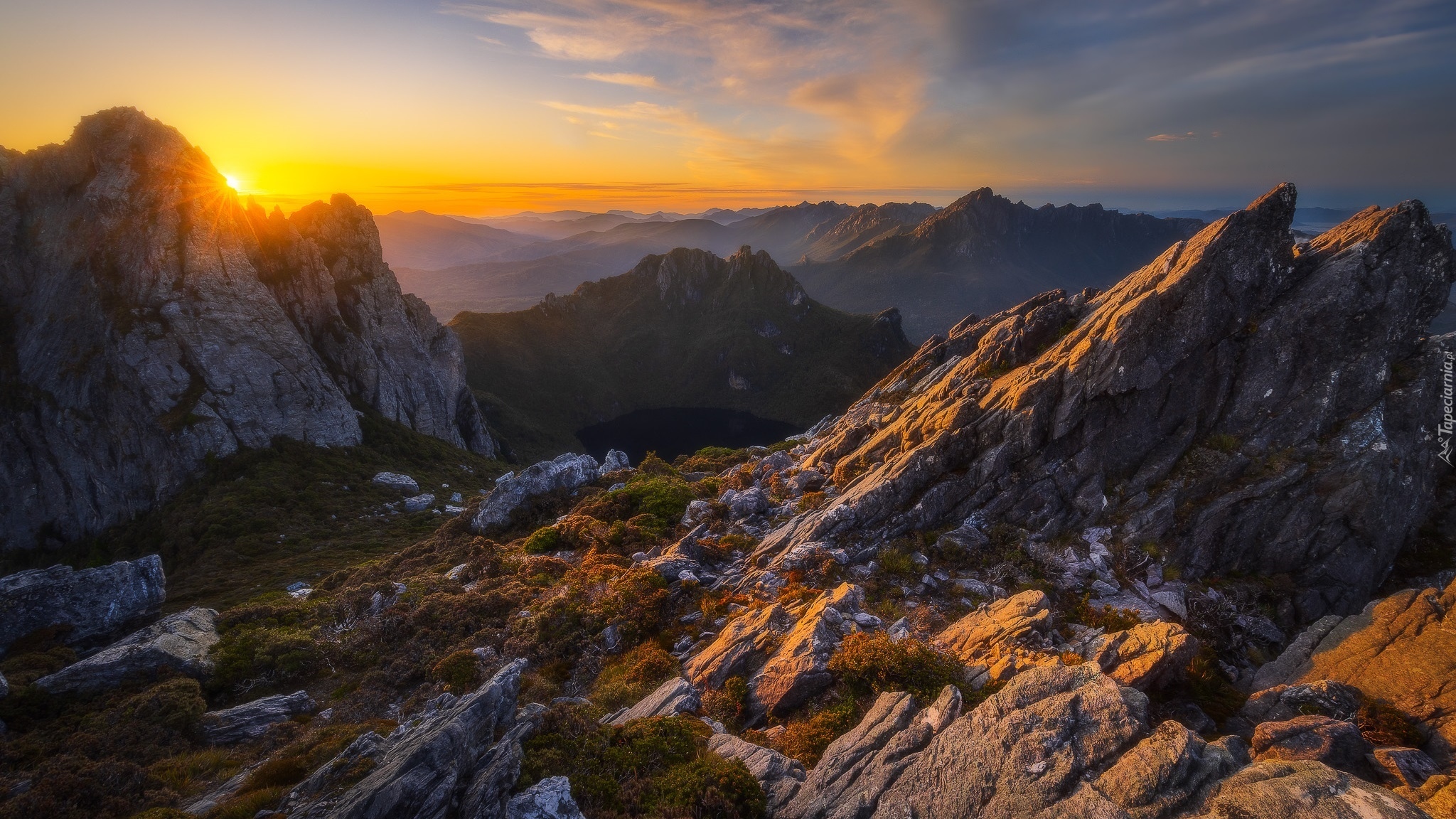 Zachód słońca, Skały, Góry, Arthur Range, Tasmania, Australia