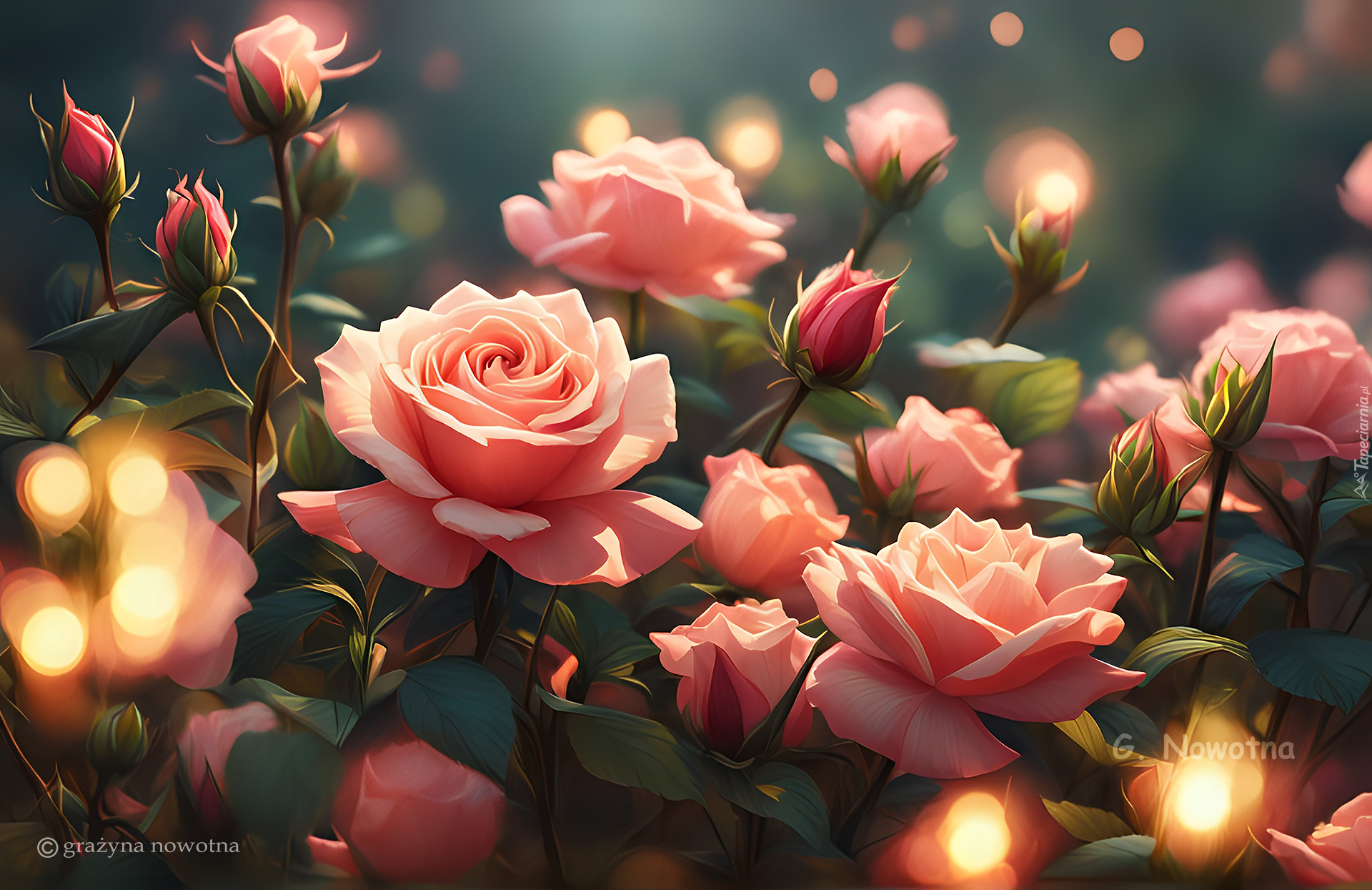 Rozświetlone, Róże, Kwiaty, Grafika