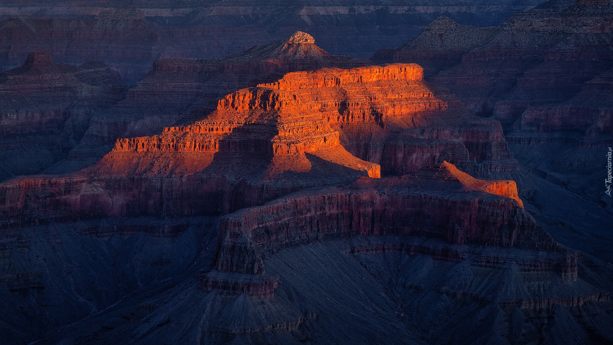 Park Narodowy Wielkiego Kanionu, Rozświetlone, Skały, Góry, Wielki Kanion Kolorado, Grand Canyon, Wschód słońca, Arizona, Stany Zjednoczone