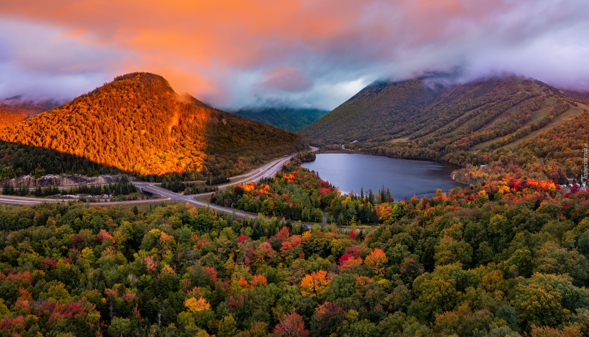 Jesień, Jezioro, Echo Lake, Góry, White Mountains, Lasy, Drzewa, Droga, Stan New Hampshire, Stany Zjednoczone