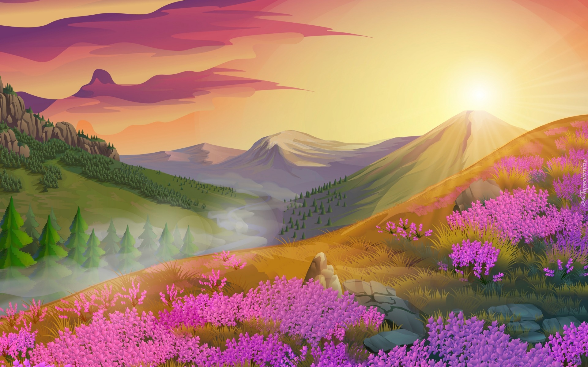 Grafika 2D, Krajobraz, Góry, Kwiaty, Zachód słońca