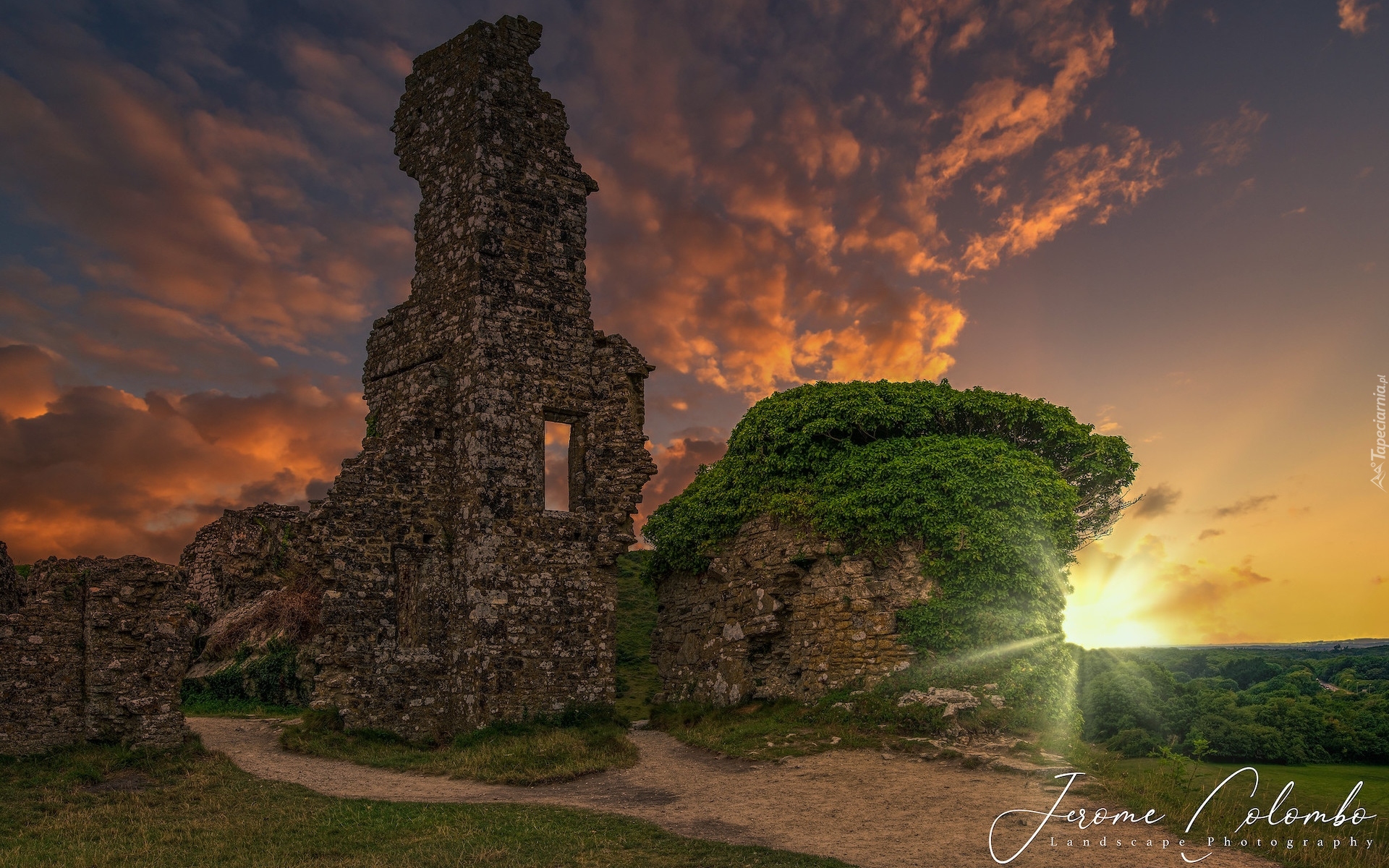 Zachód słońca, Chmury, Winorośl, Ruiny, Zamek w Corfe Castle, Hrabstwo Dorset, Anglia