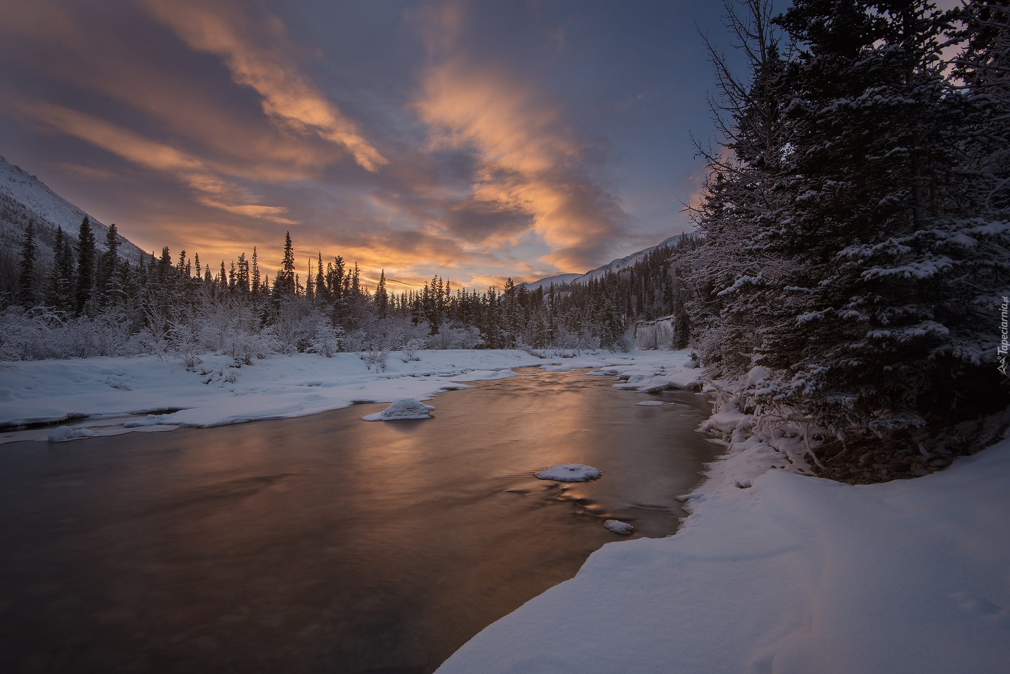 Kanada, Yukon, Wheaton Valley, Wheaton River Wilderness Retreat, Rzeka, Zima, Śnieg, Drzewa, Zachód słońca