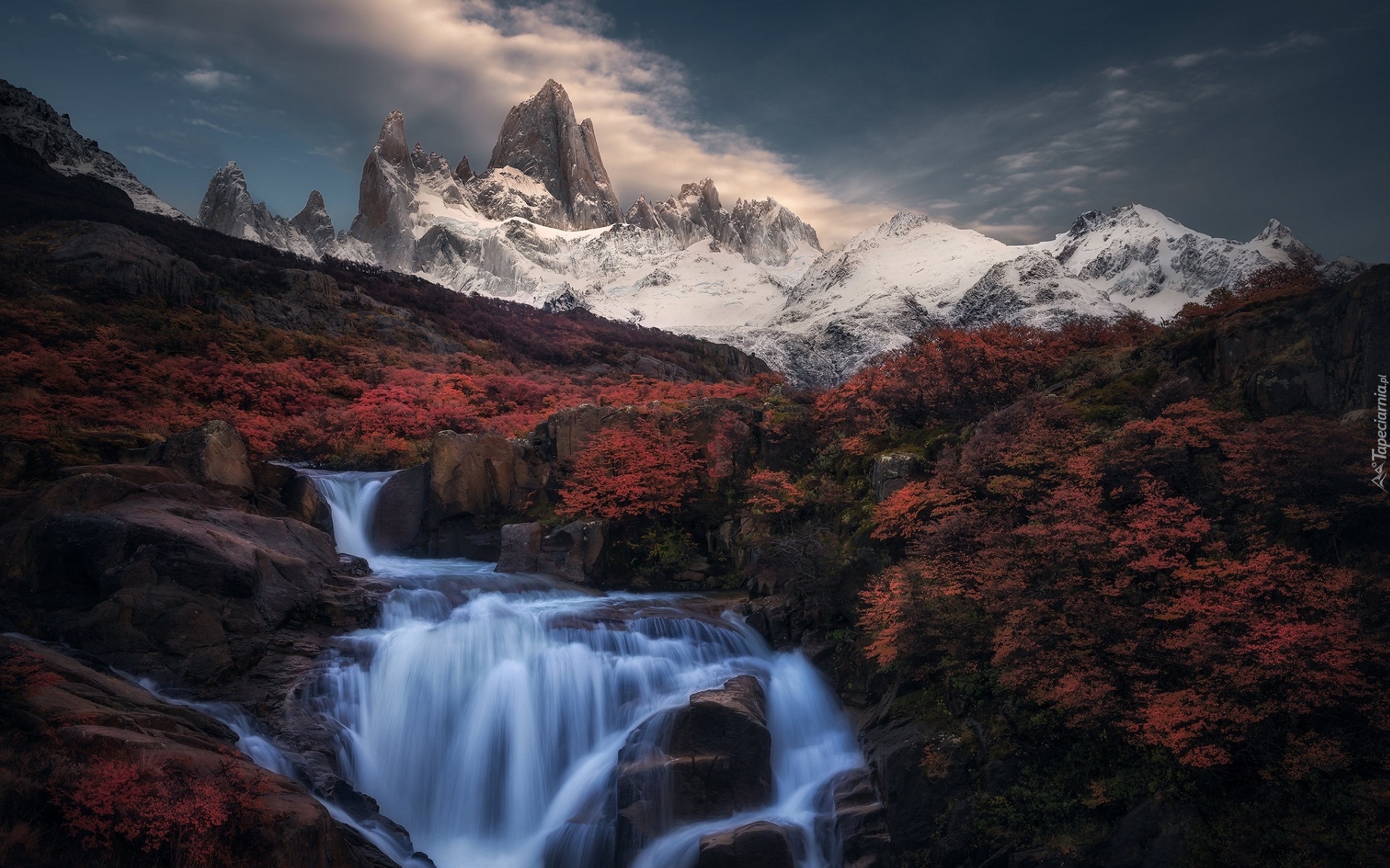 Argentyna, Patagonia, Kałuża, Odbicie, Góry Andy, Szczyt Fitz Roy, Rzeka, Wodospad, Kolorowa, Roślinność, Jesień