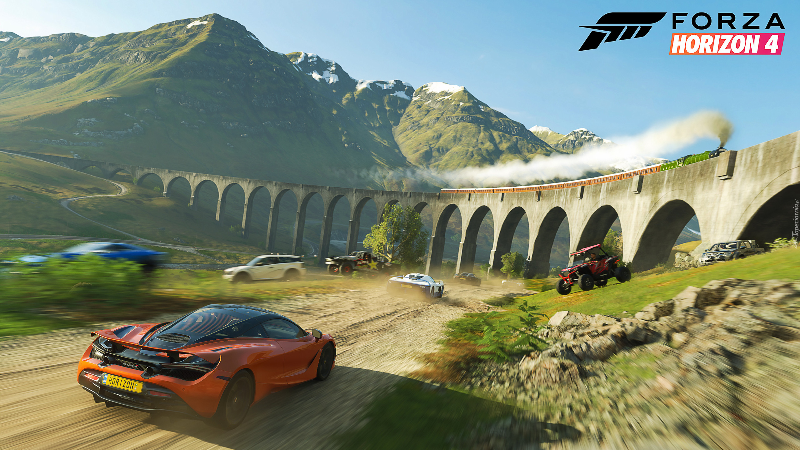 Gra, Forza Horizon 4, McLaren, Pomarańczowy, Góry, Wiadukt, Pociąg