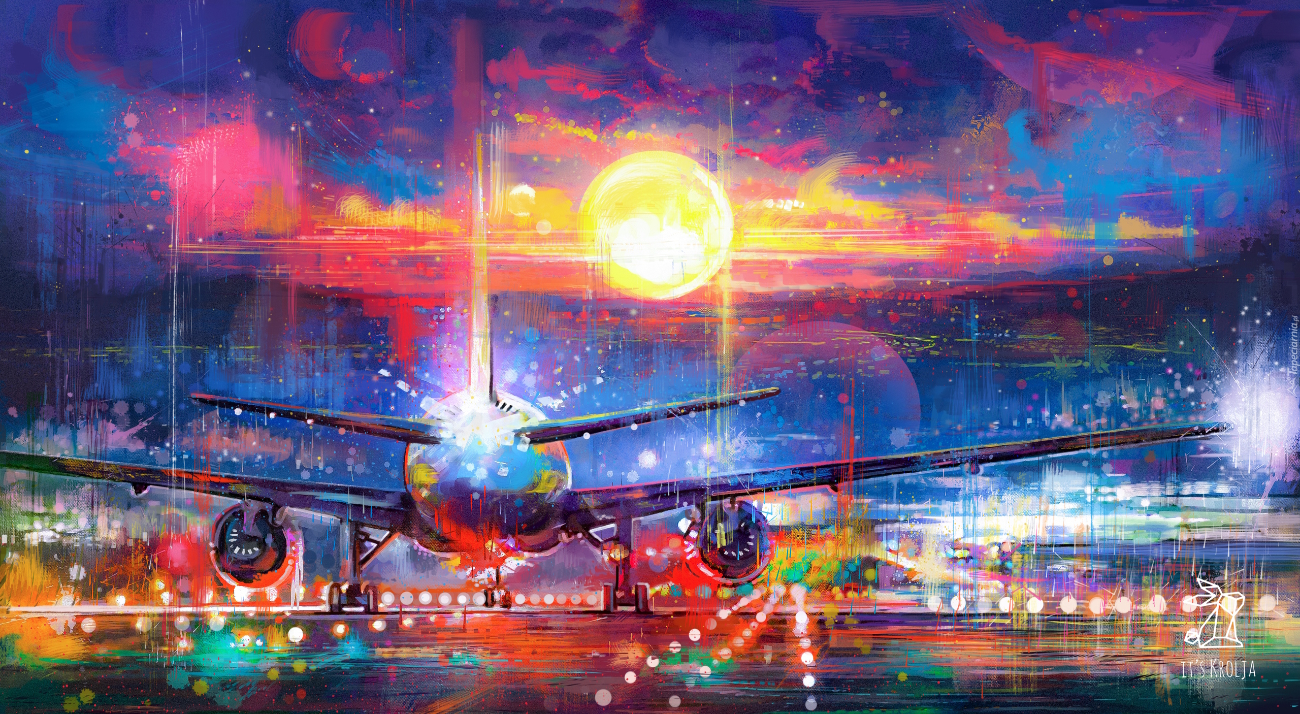 Grafika, Digital art, Samolot, Pas startowy, Słońce