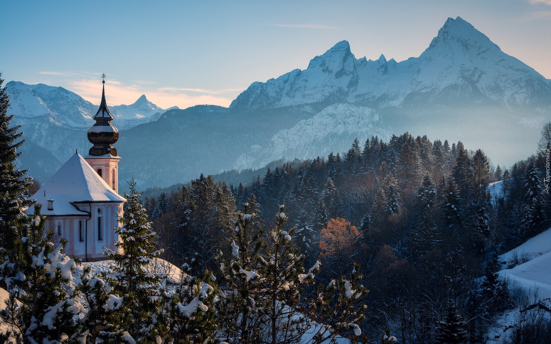 Drzewa, Góry, Alpy Salzburskie, Kościół, Zima, Sanktuarium Maria Gern, Berchtesgaden, Bawaria, Niemcy
