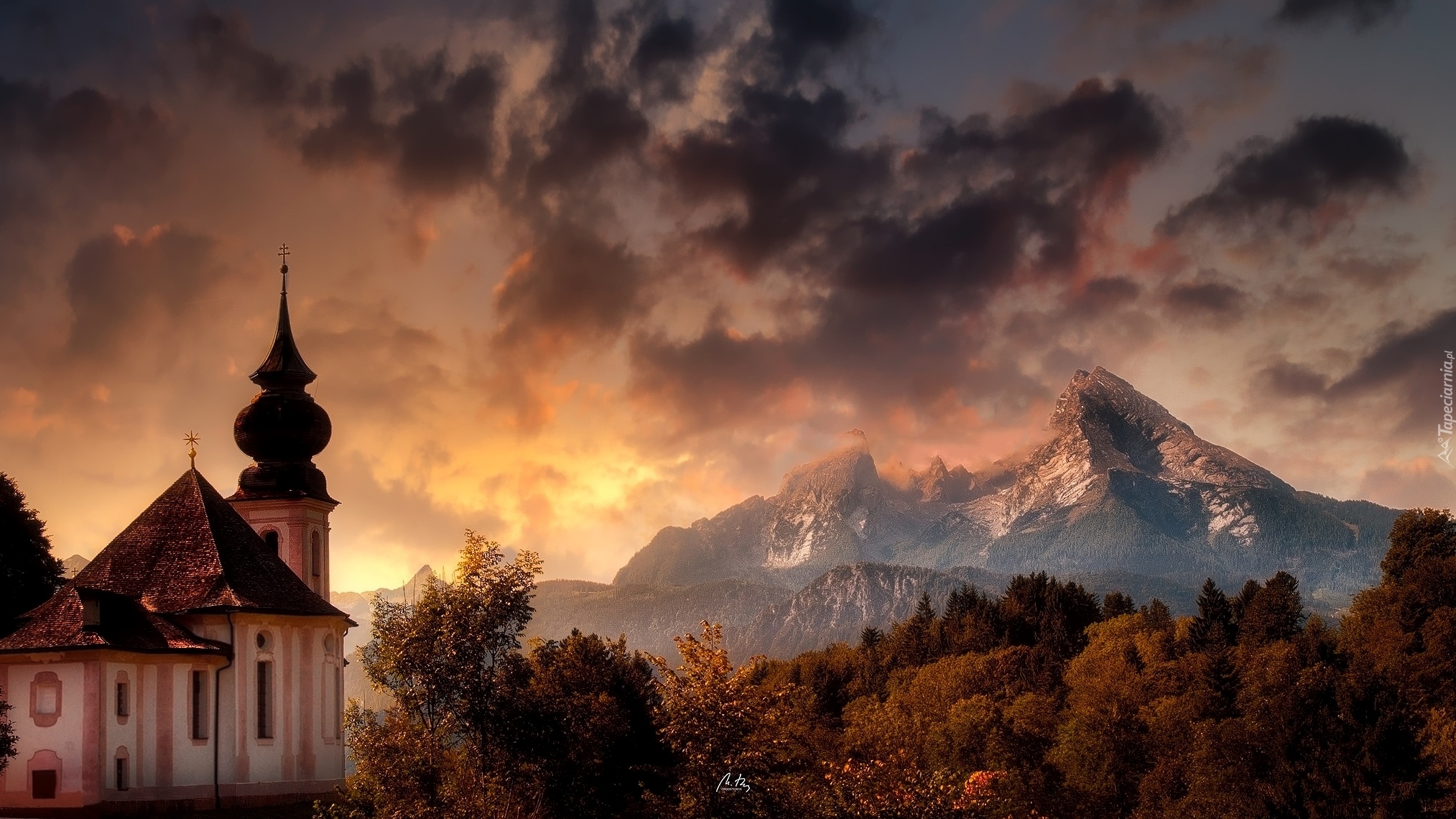 Kościół, Sanktuarium Maria Gern, Berchtesgaden, Bawaria, Niemcy, Góry, Alpy Salzburskie, Drzewa