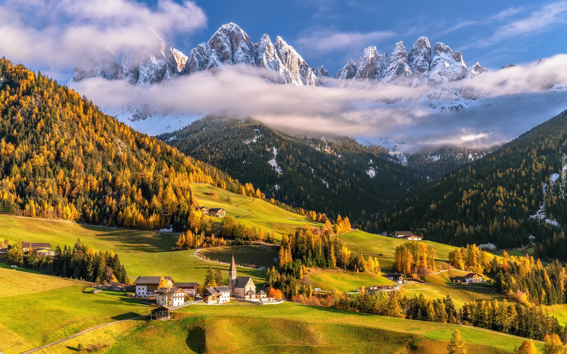 Góry, Dolomity, Włochy, Jesień, Mgła, Wioska, Santa Maddalena, Drzewa