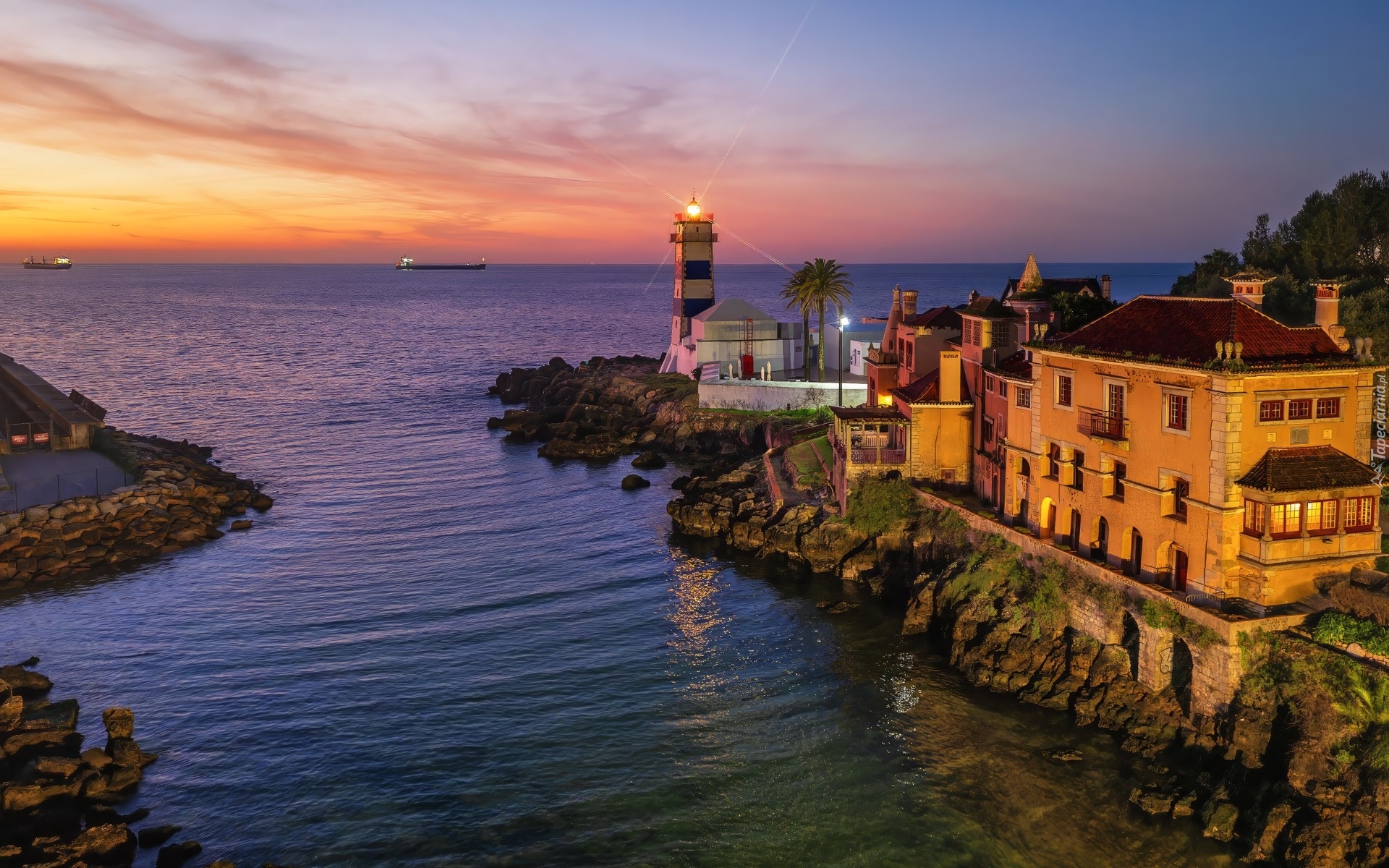 Morze, Latarnia morska, Zachód słońca, Muzeum, Santa Marta Lighthouse Museum, Portugalia
