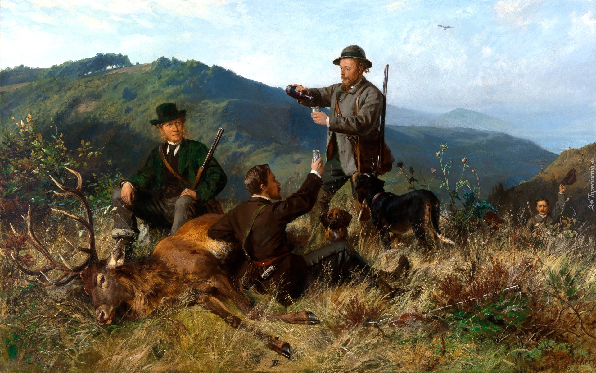 Malarstwo, Obraz, Carl Friedrich Deiker, Polowanie, Mężczyźni, Jeleń, Psy, Góry