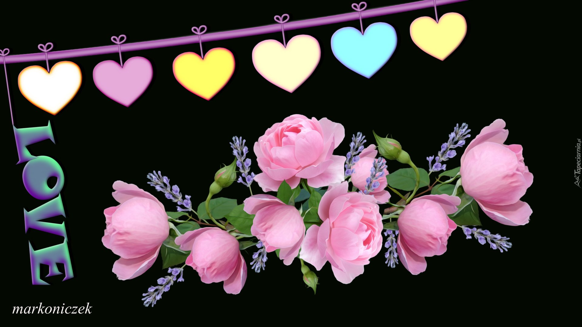 Kwiaty, Róże, Serca, Napis, Love, 2D