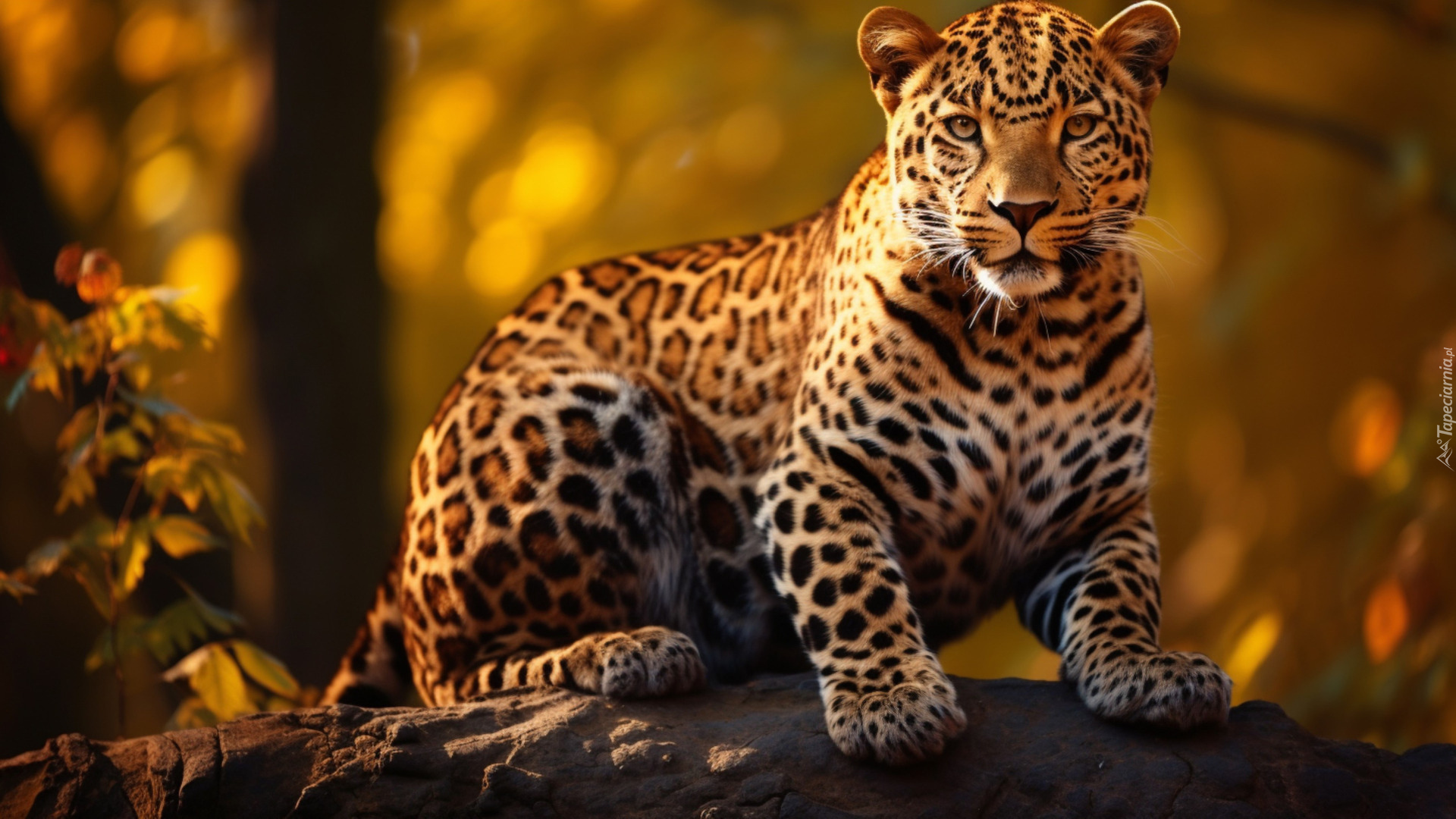 Jaguar, Siedzący, Spojrzenie, Liście