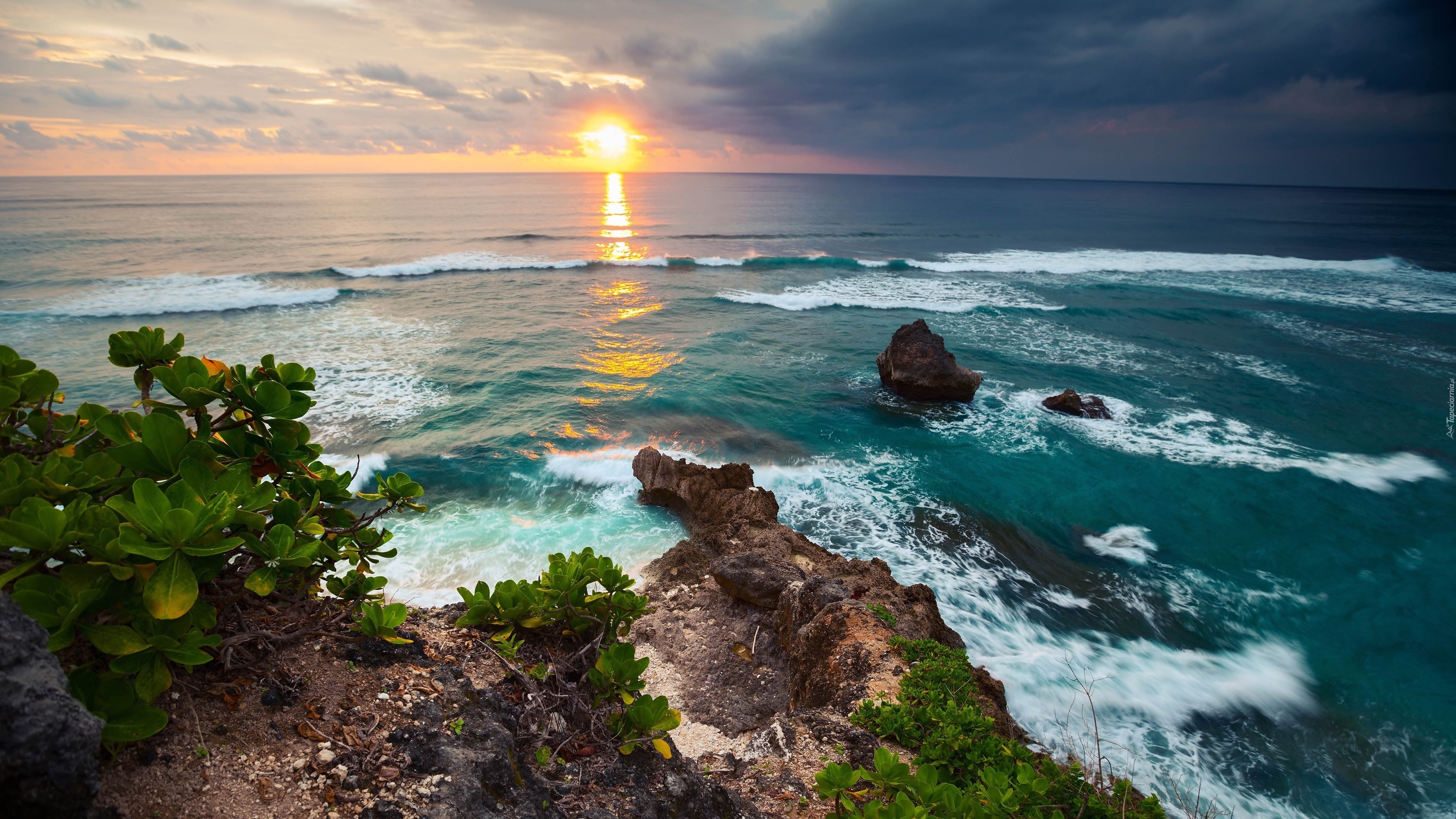 Indonezja, Bali, Morze, Skały, Zachód słońca