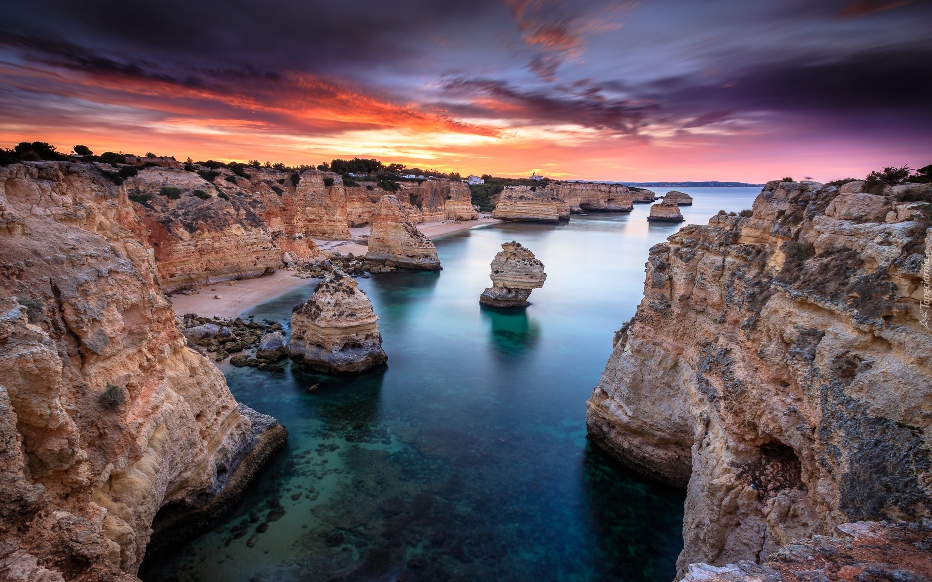 Wybrzeże, Skały, Zachód słońca, Morze, Ocean Atlantycki, Region Algarve, Portugalia