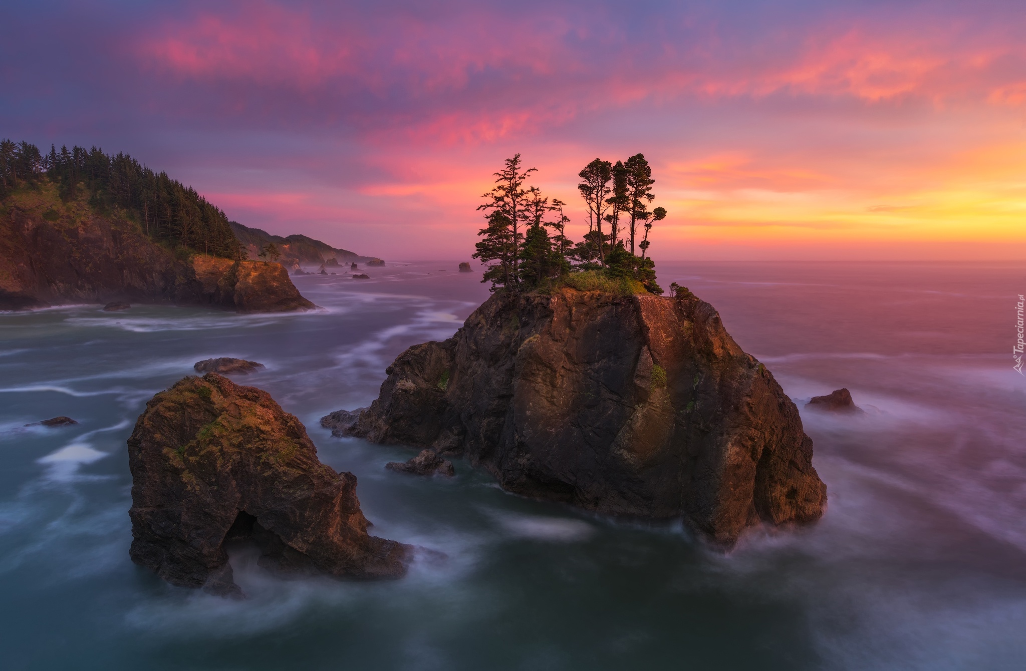 Stany Zjednoczone, Stan Oregon, Park stanowy Samuela H. Boardmana, Zachód słońca, Morze, Skały, Drzewa