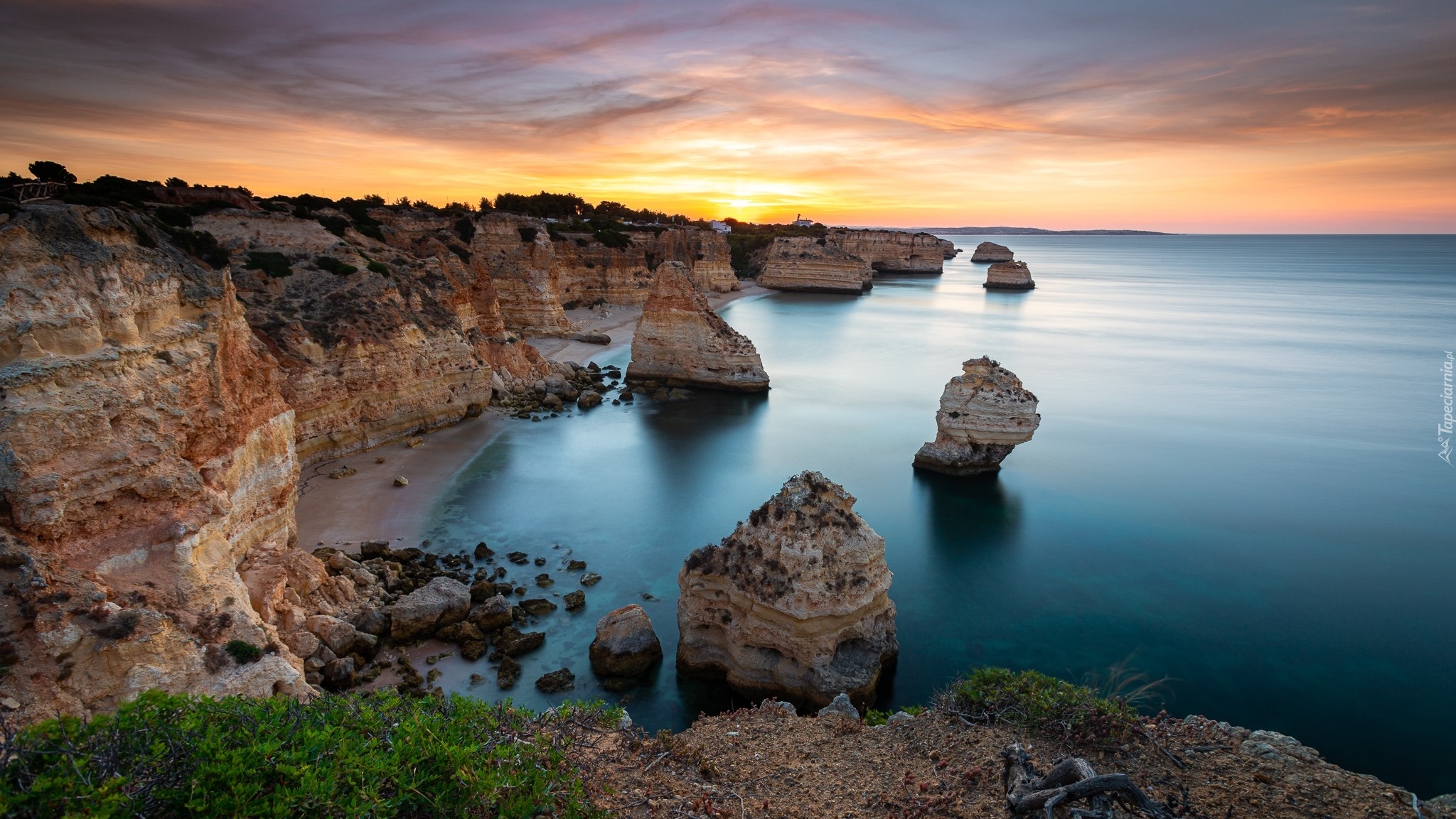 Wybrzeże, Skały, Morze, Zachód słońca, Ocean Atlantycki, Region Algarve, Portugalia