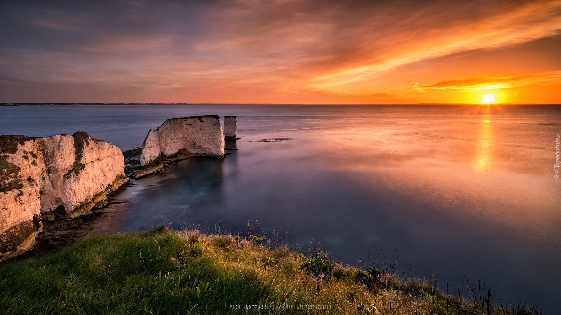 Zachód słońca, Morze, Skały, Old Harry Rocks, Wybrzeże, Półwysep Purbeck, Anglia