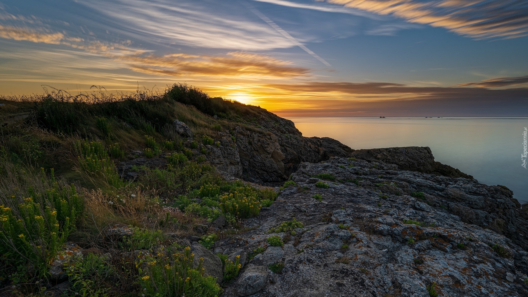 Morze, Zachód słońca, Skały, Pointe de la Varde, Saint Malo, Bretania, Francja