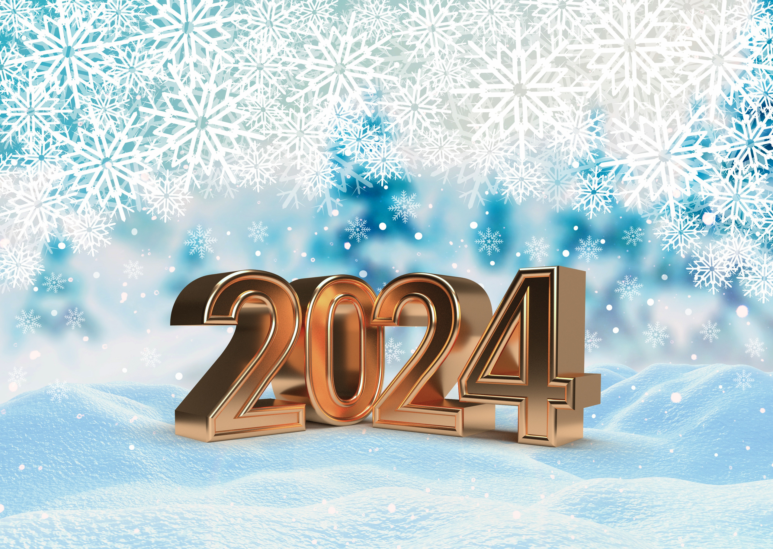 Nowy Rok, Cyfry, Data 2024, Śnieg, Śnieżynki