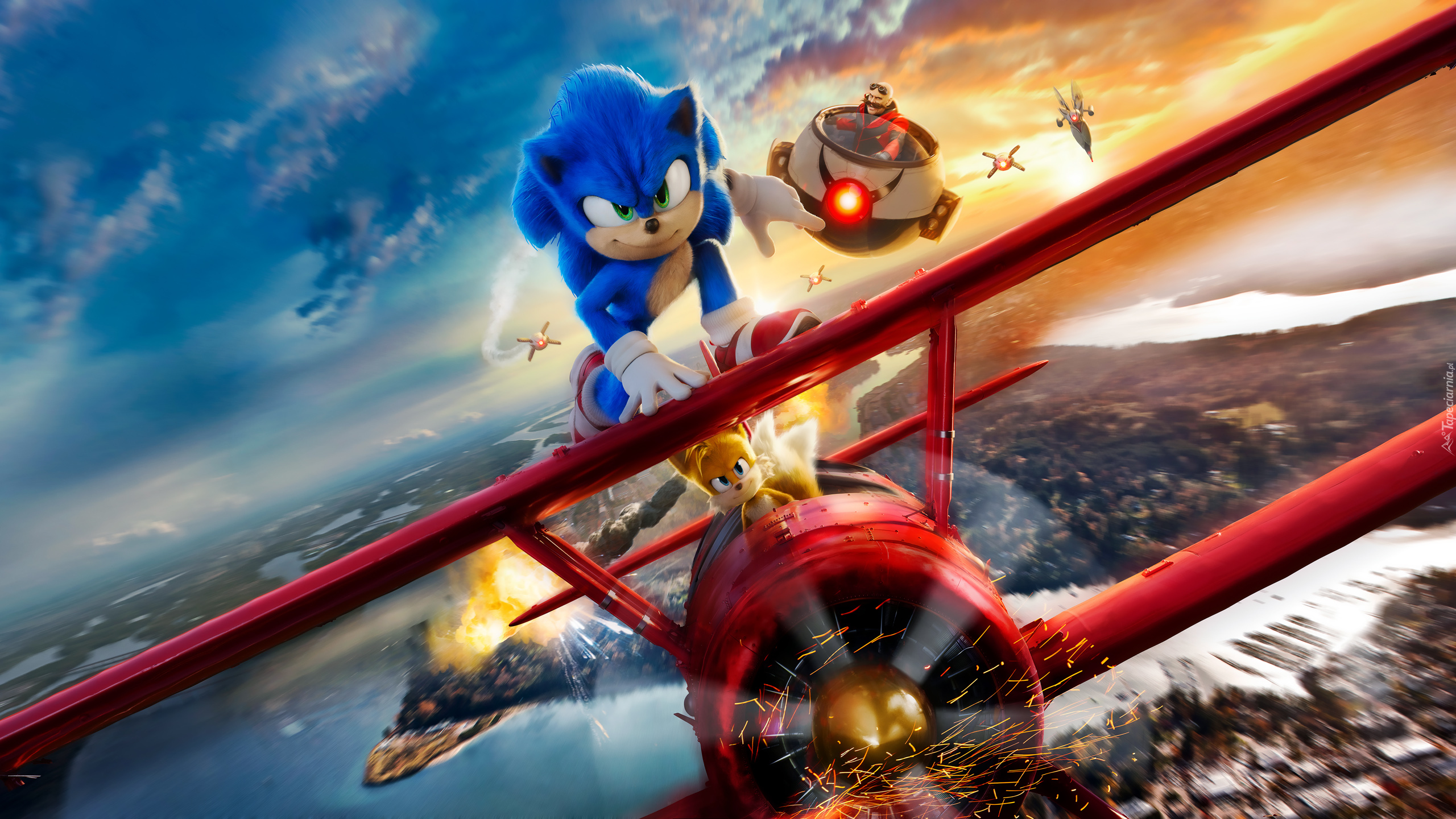 Film animowane, Sonic 2 Szybki jak błyskawica, Sonic the Hedgehog 2, Postać, Sonic, Samolot, Śmigło, Iskry, Lot
